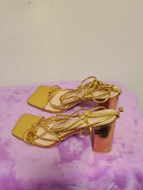 Pretty Angel Metallic Gold Lace-Up Block Heel Sandals